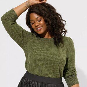 Brushed Waffle Crew Neck Puff Sleeve Tunic Top